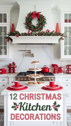 a christmas kitchen decorated for the holidays with red and green decorations on the stove top