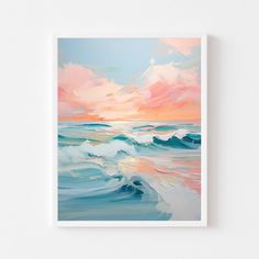 an abstract painting of waves in the ocean with pink and blue colors on it, against a white wall