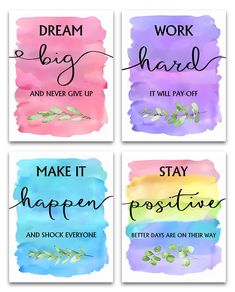 four watercolor cards with words on them