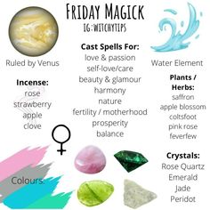 Weekday Witchcraft, Friday Magick Spells, Friday Magick Rituals, Friday Spells And Rituals, Friday Magickal Correspondences, Friday Witchcraft, Friday Correspondences, Friday Spells, Weekday Magick