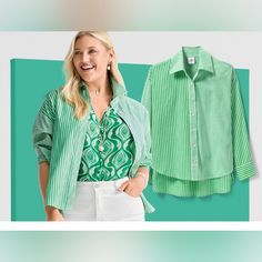 Nwt Cabi Dad Shirt Green Stripe Small # 6292 Approximate Measurements Pit To Pit 21 Length 28 Sleeve Length 23 Green Cotton Blouse For Layering, Preppy Look, Boho Look, Professional Outfits, Chunky Knits Sweater, Business Attire, 2024 Collection, Fall 2024, Crop Shirt