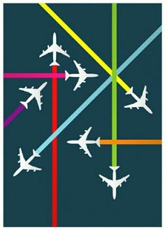 four airplanes are flying in the same direction with different colored lines going through each other