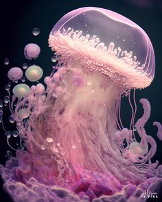 an underwater jellyfish in the water with bubbles and other things around it's body