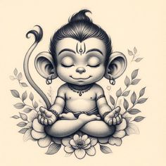 a drawing of a little buddha sitting in the middle of flowers and holding a monkey's tail