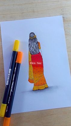 a drawing of a woman in an orange and yellow dress with a red shawl