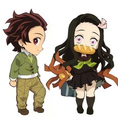 two anime characters one is wearing a green shirt and the other has a brown skirt