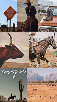 a collage of photos with the words cowgirl written in different languages and images