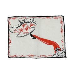 a red and white handkerchief with an image of a woman holding a frisbee