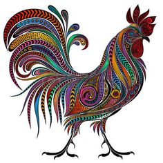 a colorful rooster with intricate designs on it's back legs and tail, standing in front of a white background