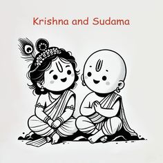 a drawing of two children sitting next to each other with the words krishna and sudama