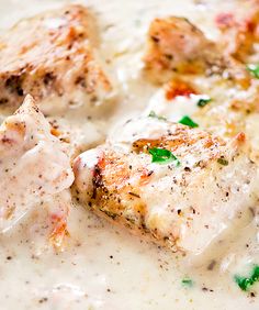 closeup of chicken breast in cream sauce