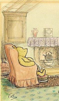 a drawing of a teddy bear sitting on a chair in front of a fire place