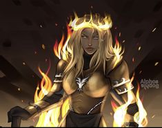 a woman dressed in black and gold with flames around her