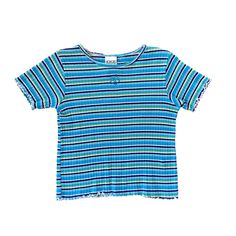 * Purple, blue & green striped tshirt * Short sleeves * Lettuce edge detail * Ribbed texture * Crew neck * Floral embroidery on chest * HONORS, girls size M 7/8 * 100% cotton Fit estimate: 7, 8 (Girls) 14" bust 13" waist 17" long All measurements taken flat, please double where necessary. Y2k Striped Cotton Tops, Y2k Ribbed Tops For Spring, Fitted Striped Y2k Top, Y2k Ribbed Crew Neck Top, Striped Ribbed Cotton Top, Trendy Blue Ribbed T-shirt, Striped Y2k Tops For Spring, Striped Ribbed Short Sleeve Tops, Y2k Striped Tops For Spring