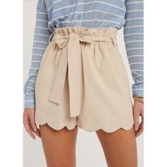 High waisted woven shorts with elastic paper bag waist, detachable belted sash, side pockets and adorable scallop details. Available in two colors. Runs true to size. Model is wearing size small. Ruffled Shorts, Summer Shorts Denim, Scalloped Shorts, Scallop Hem, Scallop Trim, Summer Denim, Boho Summer, Scalloped Hem, Bottom Clothes