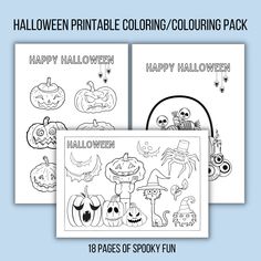 three halloween coloring pages with the text happy halloween on them and an image of pumpkins,