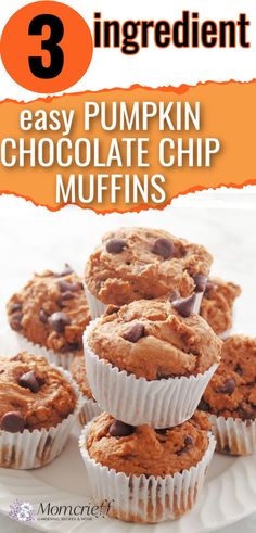 3 Ingredient pumpkin muffins with chocolate chips on a white tray Cake Mix Muffins Recipes 3 Ingredients, Pumpkin Puree Cake, 3 Ingredient Pumpkin Muffins, Spice Cake Mix Recipes, 3 Ingredient Pumpkin, Easy Pumpkin Dessert