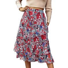 Red Floral Print Layered Ruffled Skirt Red Floral Print, Ruffled Skirt, Color Pick, Petticoat, Red Floral, Floral Print, Floral Prints, Skirt, Floral