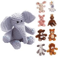 there are many stuffed animals in different colors and sizes, including an elephant with two smaller ones