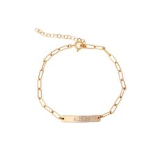 Our personalized paperclip ID bar bracelet is available in 14k gold filled or sterling silver. Engrave it with a name, special date or initials. We love the minimalist look and dainty vibe. The sturdy paperclip chain is perfect for everyday wear. Adjustable and easy to find the perfect fit with the built-in extender. Can be worn 6 to 8 inches long. (custom sizes available too, just ask!) 100% gold filled or sterling silver, so this sweet piece won't tarnish or turn. Wear it 24/7!DETAILS: 14kt go Bar Measurements, Deer Jewelry, Bar Bracelet, Id Bracelets, Bar Bracelets, The Minimalist, 14kt Gold, Paper Clip, Silver Bracelets