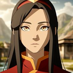 an anime character with long black hair and brown eyes looking at the camera while standing in front of a mountain