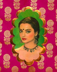 an image of a woman in green and gold on a pink background with golden accents