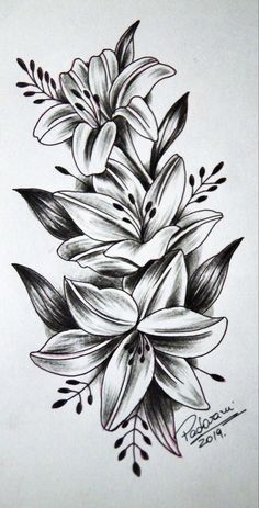 a black and white drawing of flowers