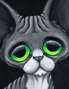 a painting of a cat with green eyes on a black background is featured in this image