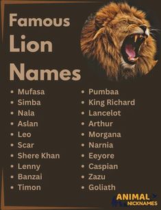 Famous lion names from movies and history, showcasing iconic characters. Great for lion lovers looking for unique and memorable names. Animal Nicknames, Unique Name Ideas, Majestic Names, Norse Names, Funny Lion, Female Lion, Best Character Names, Unique Name, Name Inspiration