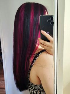 Scarlet Strands: The Best Red Highlight Looks Pink Hair Strands Brunette, Chunky Color Highlights, Chunky Highlights Pink And Black, Purple Chunky Highlights Black Hair, Chunky Highlights For Dark Brown Hair, Dark Pink Highlights, Purple Chunky Highlights, Pink Skunk Hair, Pink Chunky Highlights