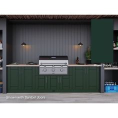 an outdoor kitchen with built - in grill and shelving units on the side wall