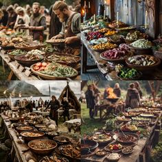 many people are gathered around a table full of food