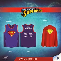 the superman shirt is shown in three different colors