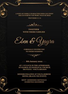 a black and gold wedding card with an ornate frame on the front, in golden lettering