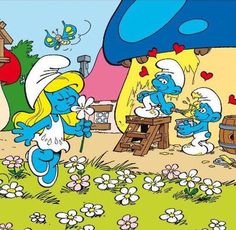 the smurfs are playing with each other outside