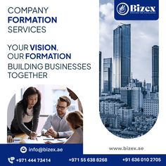 an advertisement for bizx's company with two people working at a table