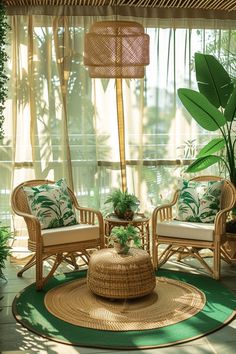 a living room with wicker furniture and plants