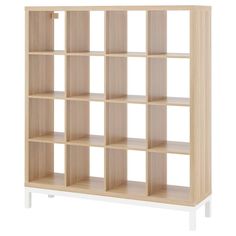 a wooden bookcase with six shelves on each side