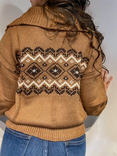 Quarter zip sweater Collared neckline Long sleeves Geometric print 100% Acrylic Brown Half-zip Top For Winter, Casual Turtleneck Top With Fair Isle Pattern, Brown Long Sleeve Tops With Fair Isle Pattern, Brown Fair Isle Long Sleeve Tops, Winter Fair Isle Patterned Tops, Fair Isle Pattern Long Sleeve Tops For Cold Weather, Fair Isle Long Sleeve Tops For Cold Weather, Quarter Zip Sweater, Brown Sweater