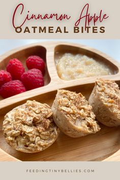 three small bowls filled with oatmeal and raspberries on a wooden plate