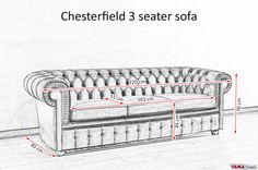 a drawing of a chesterfield 3 seat sofa with measurements for the back and arm sections