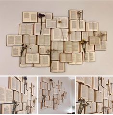 several photographs of open books with flowers on them and attached to the wall in front of them