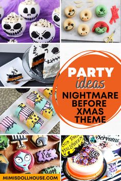 a collage of halloween themed party items including cakes, cookies and cupcakes