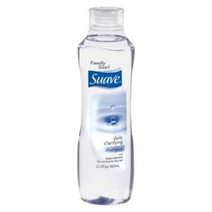 a bottle of water that is sitting on top of a white surface with the words suave written in it