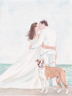 a painting of a bride and groom kissing on the beach with their dog