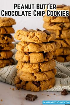 peanut butter chocolate chip cookies stacked on top of each other with the title above it