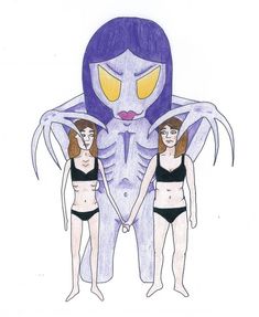 two women in bikinis standing next to an alien