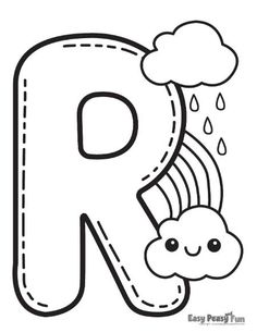 the letter r is for rain coloring page with clouds and raindrops on it