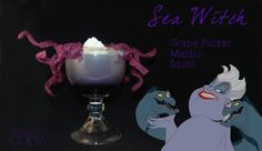 an animated character next to a cup with whipped cream in it and the words sea witch written below