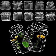 several glass jars with flowers in them on a black background